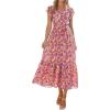 imagePRETTYGARDEN Womens Summer Floral Boho Maxi Dress Short Sleeve Wrap V Neck Ruffle Long Flowy Beach Wedding Guest DressesWine Red Floral
