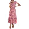 imagePRETTYGARDEN Womens Summer Floral Boho Maxi Dress Short Sleeve Wrap V Neck Ruffle Long Flowy Beach Wedding Guest DressesWine Red Floral