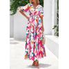 imagePRETTYGARDEN Womens Summer Maxi Dress 2026 Resort Wear Boho Floral V Neck Puff Short Sleeve Ruffle Flowy Beach Long DressesApricot Rose Red Flower