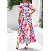 imagePRETTYGARDEN Womens Summer Maxi Dress 2026 Resort Wear Boho Floral V Neck Puff Short Sleeve Ruffle Flowy Beach Long DressesApricot Rose Red Flower