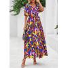 imagePRETTYGARDEN Womens Summer Maxi Dress 2026 Resort Wear Boho Floral V Neck Puff Short Sleeve Ruffle Flowy Beach Long DressesDark Blue Multi Floral