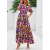 imagePRETTYGARDEN Womens Summer Maxi Dress 2026 Resort Wear Boho Floral V Neck Puff Short Sleeve Ruffle Flowy Beach Long DressesDark Blue Multi Floral
