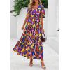 imagePRETTYGARDEN Womens Summer Maxi Dress 2026 Resort Wear Boho Floral V Neck Puff Short Sleeve Ruffle Flowy Beach Long DressesDark Blue Multi Floral