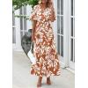 imagePRETTYGARDEN Womens Summer Maxi Dress 2026 Resort Wear Boho Floral V Neck Puff Short Sleeve Ruffle Flowy Beach Long DressesKhaki