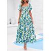 imagePRETTYGARDEN Womens Summer Puff Short Sleeve Maxi Dress Square Neck Smocked Tiered Ruffle A Line Long Flowy Beach DressesFloral Blue Green