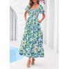 imagePRETTYGARDEN Womens Summer Puff Short Sleeve Maxi Dress Square Neck Smocked Tiered Ruffle A Line Long Flowy Beach DressesFloral Blue Green