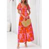 imagePRETTYGARDEN Womens Summer Puff Short Sleeve Maxi Dress Square Neck Smocked Tiered Ruffle A Line Long Flowy Beach DressesFloral Orange Pink