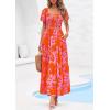 imagePRETTYGARDEN Womens Summer Puff Short Sleeve Maxi Dress Square Neck Smocked Tiered Ruffle A Line Long Flowy Beach DressesFloral Orange Pink