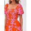 imagePRETTYGARDEN Womens Summer Puff Short Sleeve Maxi Dress Square Neck Smocked Tiered Ruffle A Line Long Flowy Beach DressesFloral Orange Pink