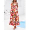 imagePRETTYGARDEN Womens Summer Puff Short Sleeve Maxi Dress Square Neck Smocked Tiered Ruffle A Line Long Flowy Beach DressesFloral Pink Orange