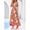 imagePRETTYGARDEN Womens Summer Puff Short Sleeve Maxi Dress Square Neck Smocked Tiered Ruffle A Line Long Flowy Beach DressesFloral Pink Orange