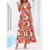 imagePRETTYGARDEN Womens Summer Puff Short Sleeve Maxi Dress Square Neck Smocked Tiered Ruffle A Line Long Flowy Beach DressesFloral Pink Orange