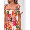 imagePRETTYGARDEN Womens Summer Puff Short Sleeve Maxi Dress Square Neck Smocked Tiered Ruffle A Line Long Flowy Beach DressesFloral Pink Orange