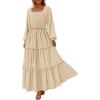 imagePRETTYGARDEN Fall Dresses for Women 2026 Long Sleeve Smocked Square Neck Swiss Dot Tiered Flowy Wedding Guest Maxi DressBeige