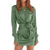 imagePRETTYGARDEN Womens 2023 Spring Satin Dress Long Sleeve Tie Waist Elegant Cocktail Party Mini DressesArmy Green