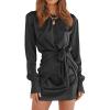 imagePRETTYGARDEN Womens 2023 Spring Satin Dress Long Sleeve Tie Waist Elegant Cocktail Party Mini DressesBlack