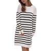 imagePRETTYGARDEN Womens 2024 Fall Sweater Dress Crewneck Long Sleeve Pullover Sweaters Casual Cute Loose Fit Knit Short Dresses Striped WhiteLarge