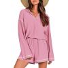 imagePRETTYGARDEN Womens 2024 Fall Two Piece Outfits Lounge Sets Tracksuit Long Sleeve Lapel Shirts Tops And Shorts With Pockets PinkSmall