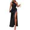 imagePRETTYGARDEN Womens 2024 Summer One Shoulder Satin Dress Cutout High Split Cocktail Wedding Guest Maxi Dresses BlackSmall