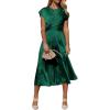 imagePRETTYGARDEN Womens 2024 Summer Satin Midi Dress Cap Sleeve Tie Waist Elegant ALine Flowy Dresses Dark GreenLarge