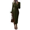 imagePRETTYGARDEN Womens 2025 Fall Long Sleeve Dress Formal Midi Bodycon Wrap Slit Feather Elegant Wedding Guest Cocktail DressesArmy Green