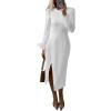 imagePRETTYGARDEN Womens 2025 Fall Long Sleeve Dress Formal Midi Bodycon Wrap Slit Feather Elegant Wedding Guest Cocktail DressesBeige White