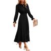 imagePRETTYGARDEN Womens 2026 Spring Fall Midi Dress Casual Long Sleeve V Neck Swiss Dot Pleated A Line Flowy DressesBlack