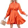 imagePRETTYGARDEN Womens Fall Long Puff Sleeve Satin Dress V Neck Ruffle A Line Short Flowy Dresses OrangeLarge