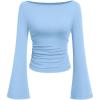 imagePRETTYGARDEN Womens Long Sleeve Shirts 2026 Spring Crop Going Out Tops Casual Boat Neck Bell Sleeve Ribbed Ruched Y2K ClothesSky Blue