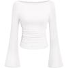 imagePRETTYGARDEN Womens Long Sleeve Shirts 2026 Spring Crop Going Out Tops Casual Boat Neck Bell Sleeve Ribbed Ruched Y2K ClothesWhite