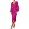 imagePRETTYGARDEN Womens Maxi Satin Dress Puff Sleeve Wrap V Neck Ruched Belted Long Formal Cocktail Dresses Rose RedSmall