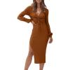 imagePRETTYGARDEN Womens Midi Sweater Dress Long Lantern Sleeve Ruched V Neck Drawstring Side Slit Knit Bodycon Dresses CaramelSmall