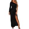 imagePRETTYGARDEN Womens Sexy One Shoulder Long Sleeve Velvet Dress Ruched Bodycon Drawstring Split Maxi Dresses BlackLarge