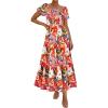 imagePRETTYGARDEN Womens Summer Puff Short Sleeve Maxi Dress Square Neck Smocked Tiered Ruffle A Line Long Flowy Beach DressesFloral Pink Orange