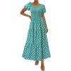imagePRETTYGARDEN Womens Summer Puff Short Sleeve Maxi Dress Square Neck Smocked Tiered Ruffle A Line Long Flowy Beach DressesGreen Pink Flower