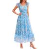 imagePRETTYGARDEN Womens Summer Tulle Midi Dress Sleeveless Smocked Ruffle Flowy Mesh Dresses Party Wedding Guest SundressFloral Blue Yellow