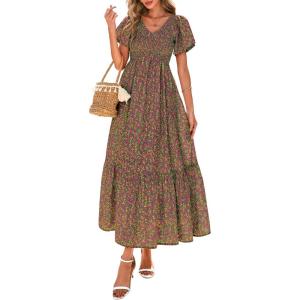 imagePRETTYGARDEN Boho Dresses for Women 2026 Summer Floral Short Sleeve V Neck Smocked Flowy Beach Vacation Maxi DressGreen Red Floral