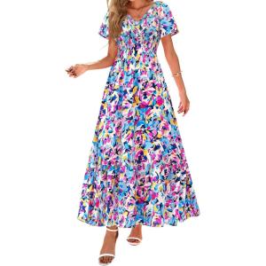 imagePRETTYGARDEN Boho Dresses for Women 2026 Summer Floral Short Sleeve V Neck Smocked Flowy Beach Vacation Maxi DressMulticolored Floral