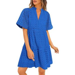 imagePRETTYGARDEN Eyelet Dresses for Women 2026 Summer Short Sleeve V Neck Hollow Out Ruffle A Line Boho Beach Vacation Mini DressBlue
