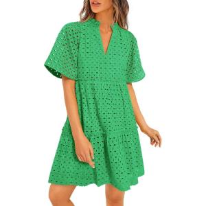 imagePRETTYGARDEN Eyelet Dresses for Women 2026 Summer Short Sleeve V Neck Hollow Out Ruffle A Line Boho Beach Vacation Mini DressGreen