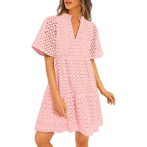 imagePRETTYGARDEN Eyelet Dresses for Women 2026 Summer Short Sleeve V Neck Hollow Out Ruffle A Line Boho Beach Vacation Mini DressPink