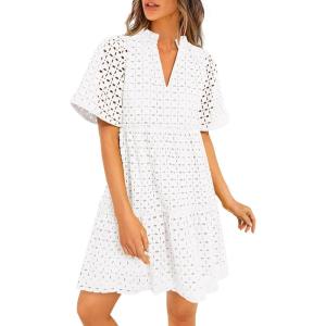 imagePRETTYGARDEN Eyelet Dresses for Women 2026 Summer Short Sleeve V Neck Hollow Out Ruffle A Line Boho Beach Vacation Mini DressWhite