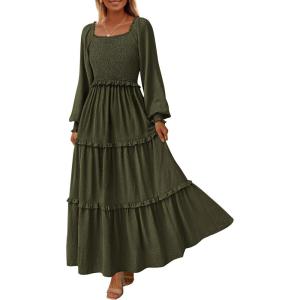 imagePRETTYGARDEN Fall Dresses for Women 2026 Long Sleeve Smocked Square Neck Swiss Dot Tiered Flowy Wedding Guest Maxi DressArmy Green