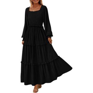 imagePRETTYGARDEN Fall Dresses for Women 2026 Long Sleeve Smocked Square Neck Swiss Dot Tiered Flowy Wedding Guest Maxi DressBlack