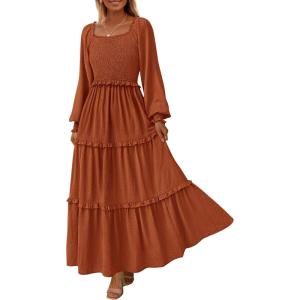 imagePRETTYGARDEN Fall Dresses for Women 2026 Long Sleeve Smocked Square Neck Swiss Dot Tiered Flowy Wedding Guest Maxi DressBrown