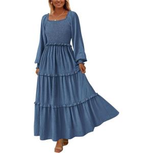 imagePRETTYGARDEN Fall Dresses for Women 2026 Long Sleeve Smocked Square Neck Swiss Dot Tiered Flowy Wedding Guest Maxi DressDark Blue