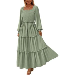 imagePRETTYGARDEN Fall Dresses for Women 2026 Long Sleeve Smocked Square Neck Swiss Dot Tiered Flowy Wedding Guest Maxi DressGrey Green