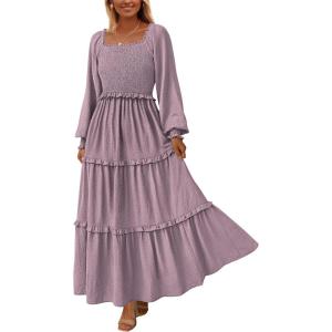 imagePRETTYGARDEN Fall Dresses for Women 2026 Long Sleeve Smocked Square Neck Swiss Dot Tiered Flowy Wedding Guest Maxi DressGrey Purple