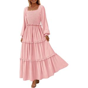 imagePRETTYGARDEN Fall Dresses for Women 2026 Long Sleeve Smocked Square Neck Swiss Dot Tiered Flowy Wedding Guest Maxi DressPink