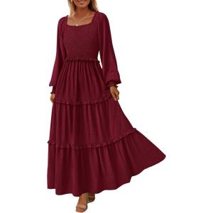 imagePRETTYGARDEN Fall Dresses for Women 2026 Long Sleeve Smocked Square Neck Swiss Dot Tiered Flowy Wedding Guest Maxi DressWine Red